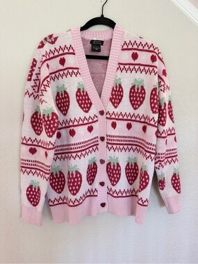 Sweet Society Pink Strawberry Cardigan - Heart Buttons, Size Large